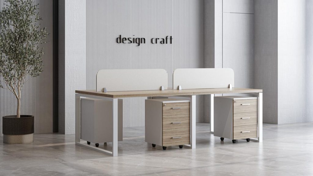 Image of Workstation in wooden finish with white details.